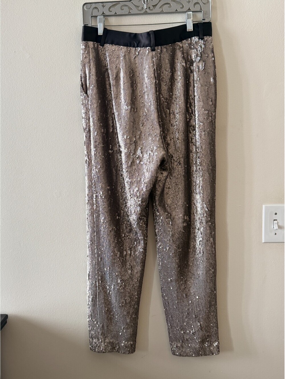 AllSaints Leigh Sequin Trousers Silver Sequin Straight Leg Pants 6 BNWT NEW - Picture 8 of 12